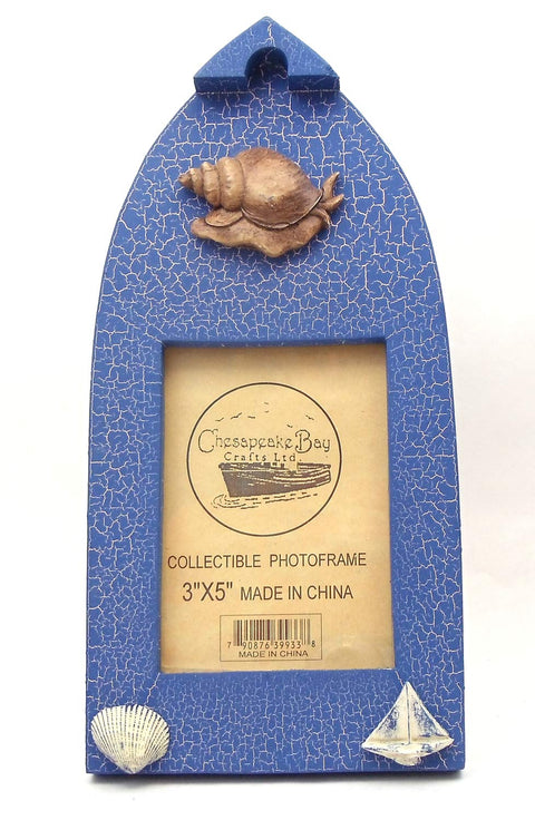 12539933C-B - Wooden Boat Shaped 3" X 5" Blue Picture Frame w/Snail & Shell Embellishments