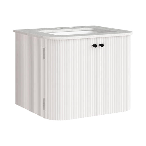 Modway Zia 24 inch Wall-Mount Bathroom Vanity in Ivory with Marble Sink Basin - Floating Bathroom Cabinet with Fluted Design