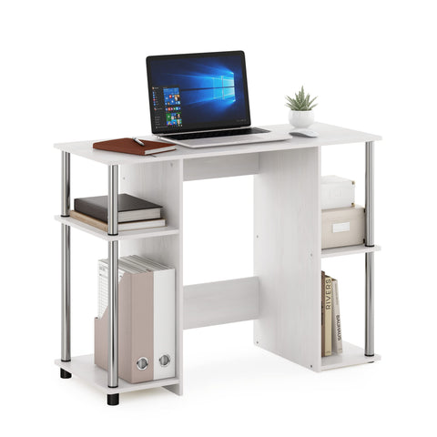 Furinno JAYA Desk, 38.4" Wide Gaming Desk, Computer Study Desk, Office Desk with Side Shelves, Open Storage, for Home Office, Bedroom, Dorm, Study Room, White Oak/Stainless Steel