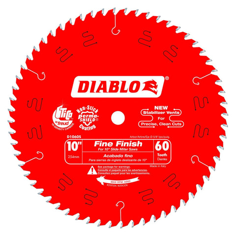 Diablo Fine Finish Saw Blade for Wood - 10" Diameter, 60 ATB Teeth, 5/8" Arbor, .087" Kerf, 7? Hook Angle, .063" Plate, 6000 Max RPM - D1060S