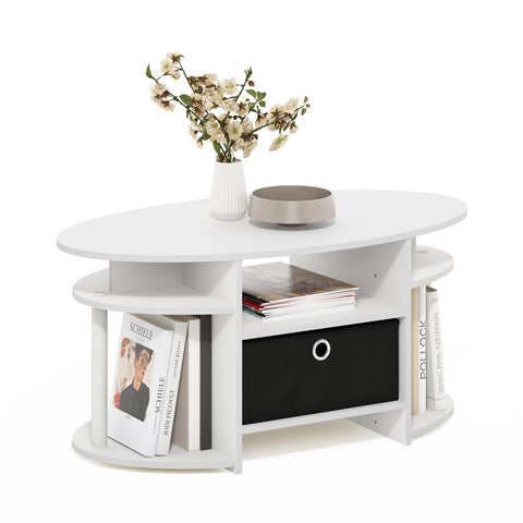 Furinno Jaya Coffee Table, Oval Modern Coffee Table with Side Shelves and Storage Bin, 35.4 Inch with Bin, Side Table with Shelf, for Living Room, Bedroom, Home Office, White