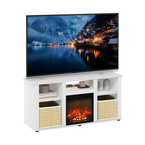 Furinno Jensen Fireplace TV Stand, Entertainment Center, TV Console for TV up to 55 Inch with Fireplace and Open Storage Compartment, for Living Room, Bedroom, Solid White