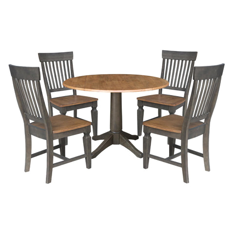 IC INTERNATIONAL CONCEPTS Wood 42 in. Round Drop Leaf Dining Table with 4 Chairs in Hickory/Washed Coal