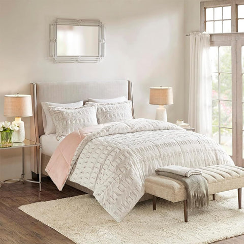 Oakestry 3-Pc Soft Plush Comforter All Season Bedding Sets Long Faux Fur Design Down Alternative with Matching Sham, King/Cal King, Gia, Natural/Blush