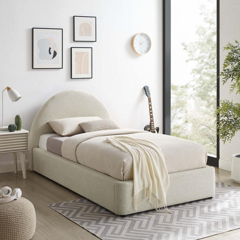 Modway Resort Twin Size Platform Bed with Arch Shaped Round Headboard in Heathered Weave Ivory, Woven Heathered Fabric Upholstery, Soft Cloud Bed Frame, No Box Spring Needed, Strong Wood Slats