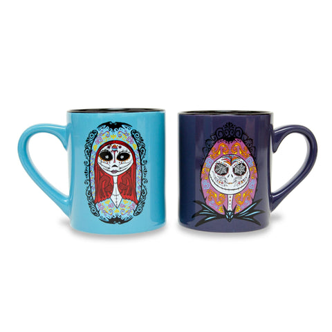 Nightmare Before Christmas Disney The Sugar Skulls Jack and Sally Ceramic Mugs, Set of 2 | BPA-Free Small Coffee Cups