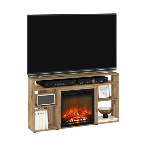 Furinno Jensen Fireplace TV Stand, Corner Entertainment Center, TV Console for TV up to 55 Inch with Fireplace, for Living Room, Bedroom, Flagstaff Oak