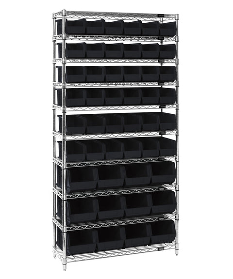 QUANTUM STORAGE SYSTEMS WR10-230240BK Wire Heavy Duty 10 Shelves 74" H x 36" W x 14" D with 48 Black Bins Multi-Sizes