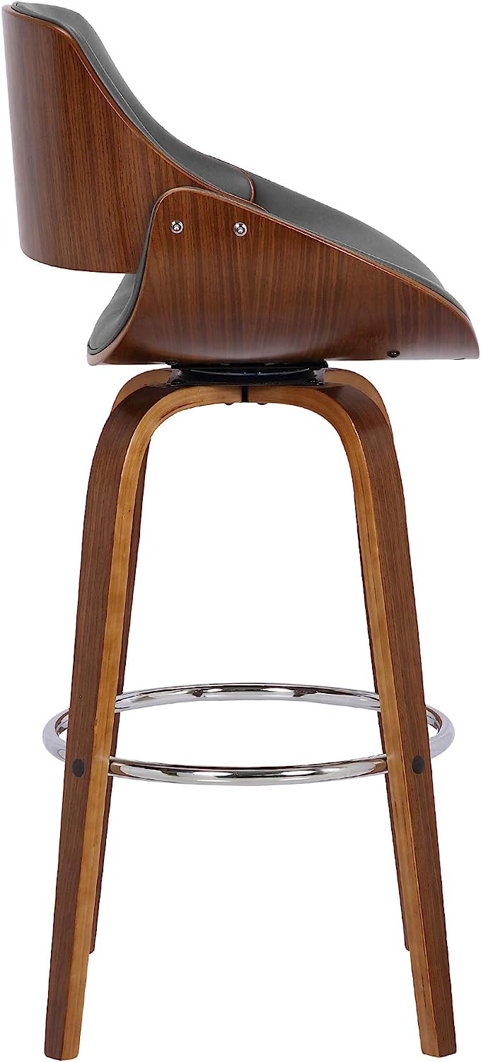 Mona Contemporary 26 Counter HeightSwivel Barstool in Walnut Wood Finish and Grey Faux Leather