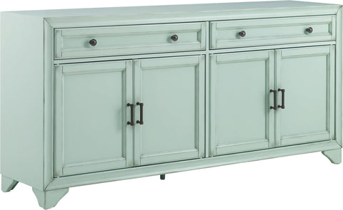 Crosley Furniture Tara Modern Farmhouse Sideboard Buffet Cabinet with Storage Shelves and Drawers, Distressed Seafoam Blue