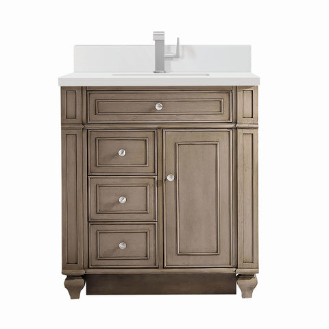 James Martin Vanities 157-V30-1WZ Bristol 30" Single Basin Walnut Wood Vanity Set with 3cm White Zeus Silestone Quartz Vanity Top, Backsplash and Rectangular Sink - Whitewashed Walnut