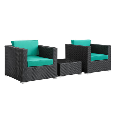 Modway Burrow 3-Piece Espresso Patio Sectional Set with Turquoise Cushions