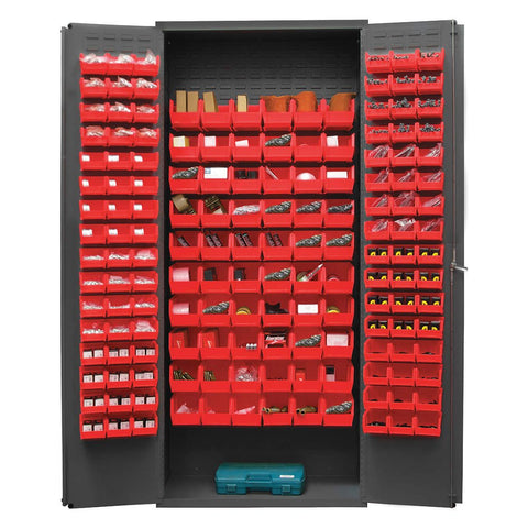 Durham 3603-156B-1795 Lockable Bin Cabinet with 156 Red Hook-On Bins, Flush Door Style, 36" Wide, 14 Gauge, Gray