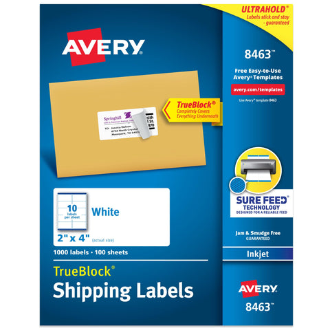 Avery Printable Shipping Labels with Sure Feed, 2" x 4" Customizable Stickers, White, 1,000 Blank Mailing Labels, Great for Mailing, Shipping, and More (8463)