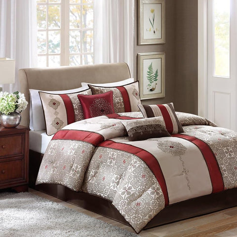 Oakestry 7 Piece Comforter Silk-Traditional Luxurious Design for All Season with Decorative Pillows, Matching Bed Skirt and King(104"X92"), Red