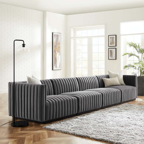 Modway Conjure Channel Tufted Performance Velvet Sectional, 4-Piece Sofa, Black Gray