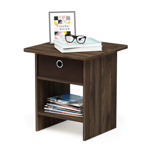 Furinno Dario End Table / Side Table / Night Stand / Bedside Table with Bin Drawer, 1-Pack, Columbia Walnut/Dark Brown