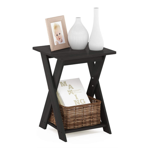 Furinno Modern Simplistic Side Table, 2-Tier Square End Table with Lower Open Shelf and X-Legs, Criss-Crossed Night Stand, Bedside Table, for Living Room, Bedroom, Espresso