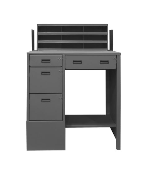 Stationary File Workstation And Stand Up Desk 1 Shelf 2 File Drawers 2 Storage Drawers And A Horizontal Literature Rack With 9 Compartments Gray