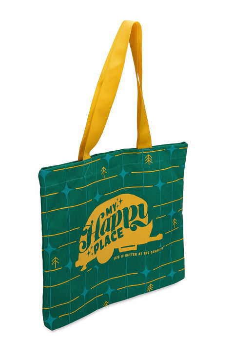 Camco Life is Better at the Campsite Tote Bag | Ideal for Groceries, Shopping or as a Purse | Green Grid Design Tote Bag with a Large, Yellow Retro RV and My Happy Place Text (53483)