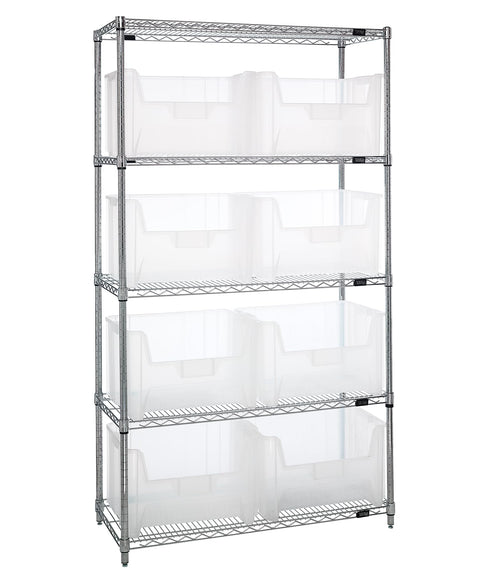 Quantum Storage Systems WR5-700CL 5-Tier Complete Wire Shelving System with 8 QGH700CL Clear-View Giant Stack Bins, Chrome Finish, 18" Width x 42" Length x 74" Height