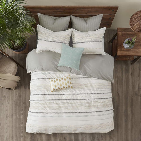 Oakestry Mid Century Striped Trendy Geometric Design Breathable Cozy Cover Jacquard Mini Comforter with Matching-Shams, Full/Queen, NEA Trims Grey/Multi