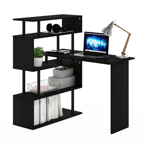 Furinno Classic Desk, 40" Wide L-Shape Gaming Desk, Computer Desk, Writing Desk with 5-Tier S-Shaped Side Shelves for Home Office, Study Room, Dorm, Bedroom, Americano