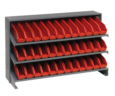 Quantum QPRHA-100RD Sloped Quickpick Cart | Bench Style Mobile Storage Rack for Industrial Display | (36) QSB100 Red Bins; (3) Shelves | 250 lbs Capacity, 12.5"L x 36"W x 23"H, Gray, Carbon Steel