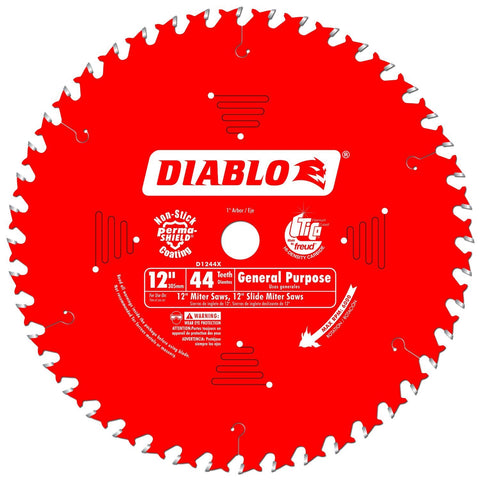 Diablo General Purpose Saw Blade for Wood - 12" Diameter, 44 ATB Teeth, 1" Arbor, .098" Kerf, 15? Hook Angle, .071mm Plate, 5000 Max RPM - D1244X