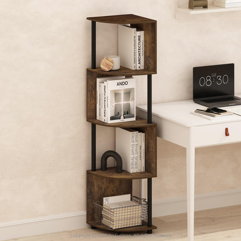 Furinno Basic Book Shelf, 4-Tier Bookshelf, Bookcase with Zigzag Corner Shelf, 14.2 x 14.2 x 57.7, for Living Room, Bedroom, Home Office, Amber Pine/Black