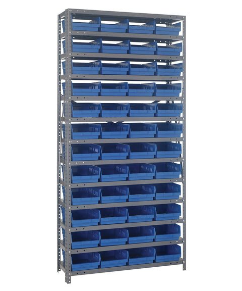 Quantum Storage Systems 1275-107BL Steel Shelving Unit with 4" Shelf Bins, 12" D x 36" W x 75" H, Blue