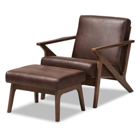 Baxton Studio Bianca Mid-Century Modern Walnut Wood Dark Brown Distressed Faux Leather Lounge Chair and Ottoman Set/Mid-Century/Dark Brown/Walnut Brown/Faux Leather/Rubber Wood
