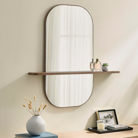 Modway Solstice Oversized Wall Mounted Oval Mirror with Shelf in Walnut – Modern Decorative Accent Mirror for Entryway, Bedroom, Living Room, or Bathroom Vanity
