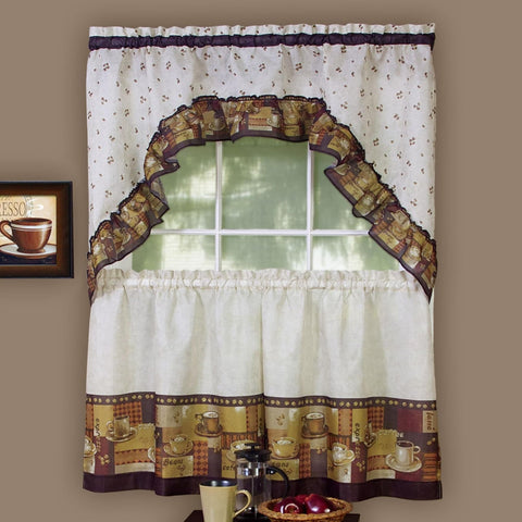 ACHIM Embellished Tier and Swag Window Curtain Set - 57 Inch Width, 24 Inch Length - Coffee - Light Filtering Polyester Drapes for Kitchen, Bedroom, Living & Dining Room Home Decor