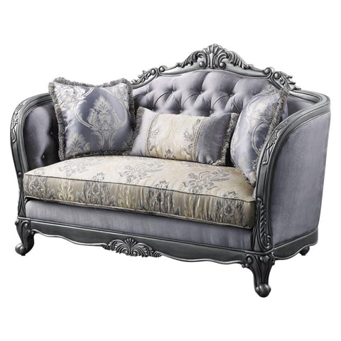 Oakestry Ariadne Fabric Tufted Loveseat Platinum Gray Upholstered Elegant Durable Modern Transitional Living Room Furniture Three Accent Pillows Premium Home Décor Stylish Compact Sofa Couch