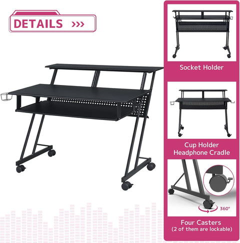 Acme Suitor Wooden Top Music Recording Studio Desk with Keyboard Tray in Black