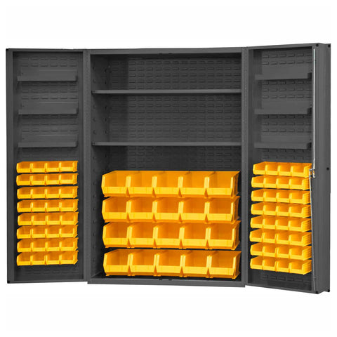 Heavy Duty Cabinet 14 Gauge 48 x 24 x 72 2 Adjustable Shelves 84 Yellow Bins 4 Inch Deep Box Doors with Louvered Panel 6 Door Shelves Lockable Chrome Handle with Keys Gray