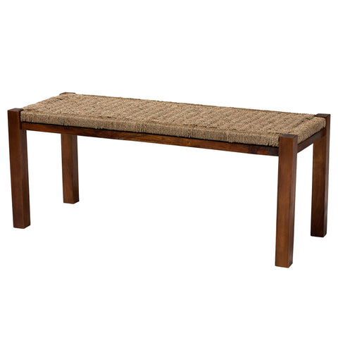 Bali & pari Hermes Mid-Century Modern Natural Seagrass and Mahogany Wood Accent Bench