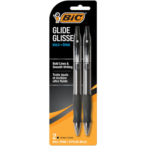 BIC Glide Bold Black Ballpoint Pens, Bold Point (1.6mm), 2-Count Pack, Retractable Ballpoint Pens With Comfortable Full Grip