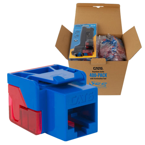 ICC CAT6 Keystone Jack with Inline IDC No Pair Split Wiring (Easier Termination) UL Listed PoE++ TAA Compliant for Wall Plate or Patch Panel, Includes JackEasy Termination Tool,Blue, 400 Pack