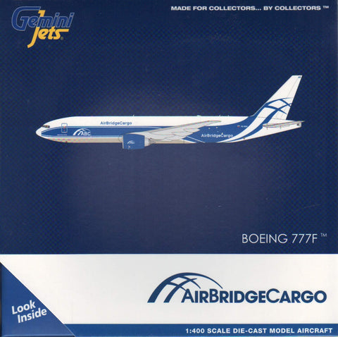 GeminiJets AirBridgeCargo Boeing 777F – 1:400 Scale Die-Cast Model Airplane White with Blue Stripes, Display Stand & Realistic Landing Gear, Collectible Aircraft for Adults 14+