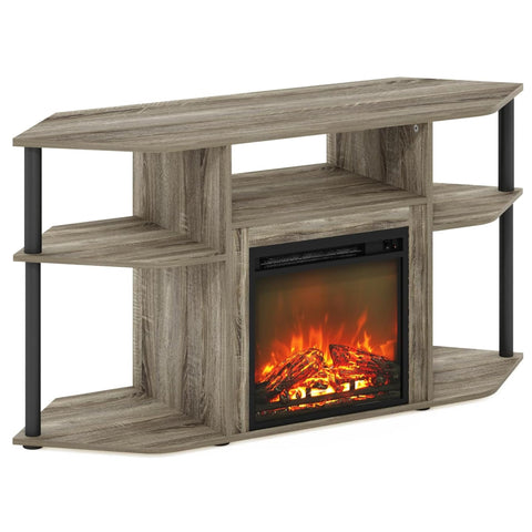 Oakestry Corner Fireplace TV Stand Entertainment Center with Electric Fireplace Open Storage French Oak Grey Finish
