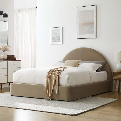 Modway Resort Full Size Platform Bed with Arch Shaped Round Headboard in Taupe, Upholstered Velvet Bed Frameain-Resistant Performance Velvet, Soft Cloud Bed Frame, No Box Spring Needed