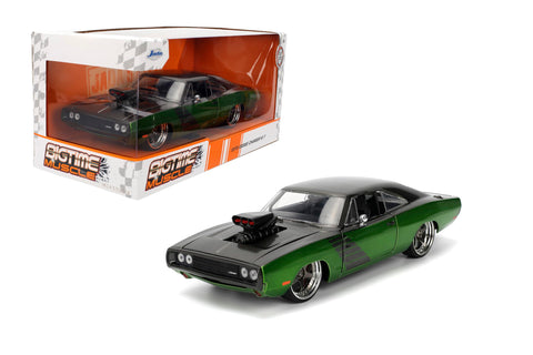 Jada Toys Bigtime Muscle 1:24 1970 Dodge Charger RT Die-cast Car – Opening Doors, Hood, Trunk, Rubber Tires(Candy Green/Grey)