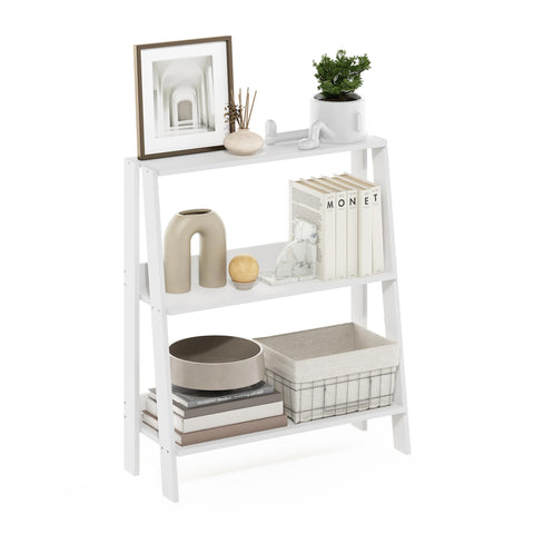 Furinno Ladder Book Shelf, 3-Tier Ladder Shelf, Open Design Bookshelf, Display Storage Bookcase, 9.3" x 23.6" x 27", Living Room, Home Office, White