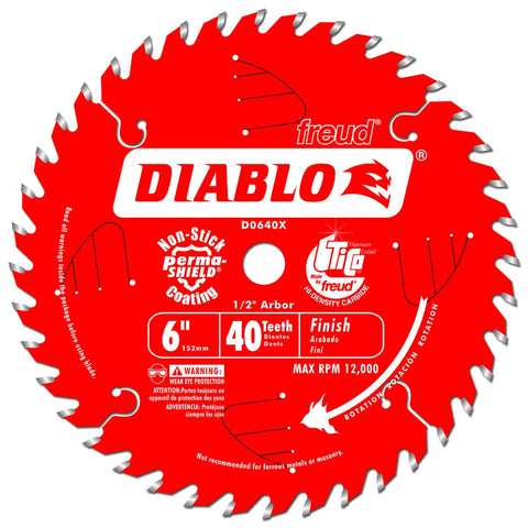 Diablo 6" x 40-Teeth Finish Saw Blade for Port-Cable Saw Boss – Smooth Crosscuts in Hardwood, Softwood, Plywood, High-Performance Tico Carbide, Thin Kerf, Non-Stick Coating – D0640X