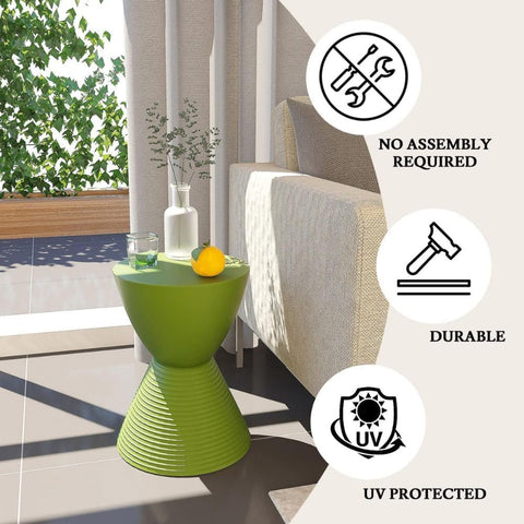 Green Modern Side Table ABS Shell Compact Hourglass Drum End Table with Removable Lid Storage for Indoor Outdoor Use Accent Furniture 16.75H x 11.75W x 11.75D Boyd Series