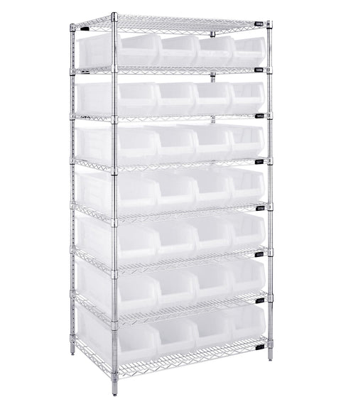 Quantum Storage Systems WR8-950CL 8-Tier Complete Wire Shelving System with 28 QUS950CL Clear-View Hulk Bins, Chrome Finish, 74" Height x 36" Width x 24" Depth