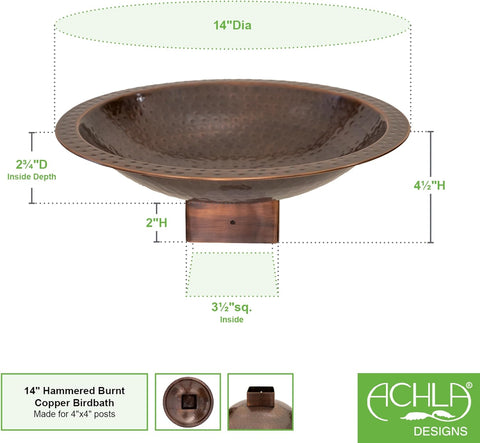 Achla Designs BBHC-14P 14" Hammered 4x4 Post birdbath, Copper Plated