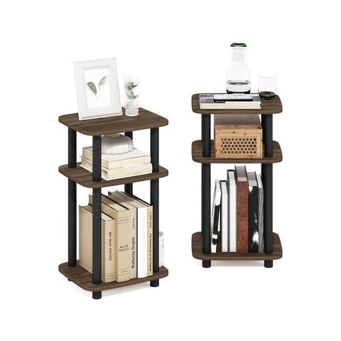 Furinno JUST Side Table Set of 2, 3-Tier Turn-N-Tube End Table with Open Shelf, Round Curve Corner Night Stand, Bedside Table, Easy Assembly, for Living Room, Bedroom, Columbia Walnut